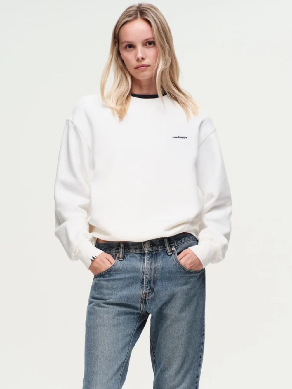 MADHAPPY Classics Fleece Crewneck Sweatshirt white with navy trim Size XXS